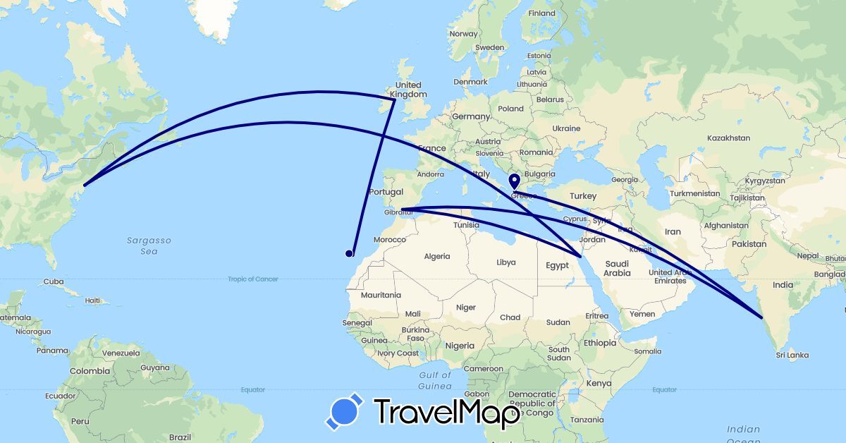 TravelMap itinerary: driving in Egypt, Spain, Greece, Ireland, India, United States (Africa, Asia, Europe, North America)